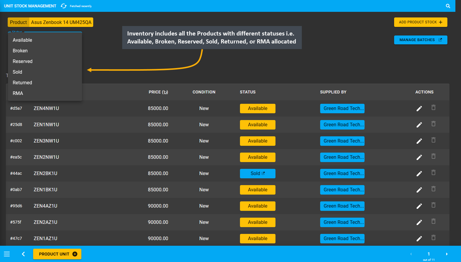 inventory product statuses, Inventory includes all the Products with different statuses i.e. Available, Broken, Reserved, Sold, Returned, or RMA allocated.