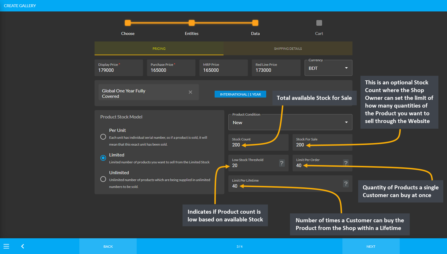 product stock, Limit sale of Products with the Stock count option, Total available Stock for sale, Indicates if Product count is low based on available Stock, Quantity of Products a single Customer can buy at once, Number of times a Customer can buy the Product from the Shop within a Lifetime.