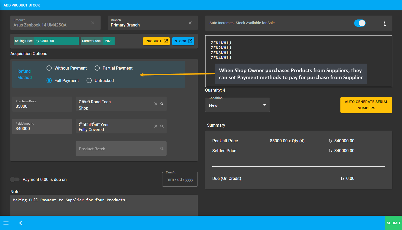 stock-purchase, When Shop Owner purchases Products from Suppliers, they can set Payment methods to pay for purchase from Supplier.