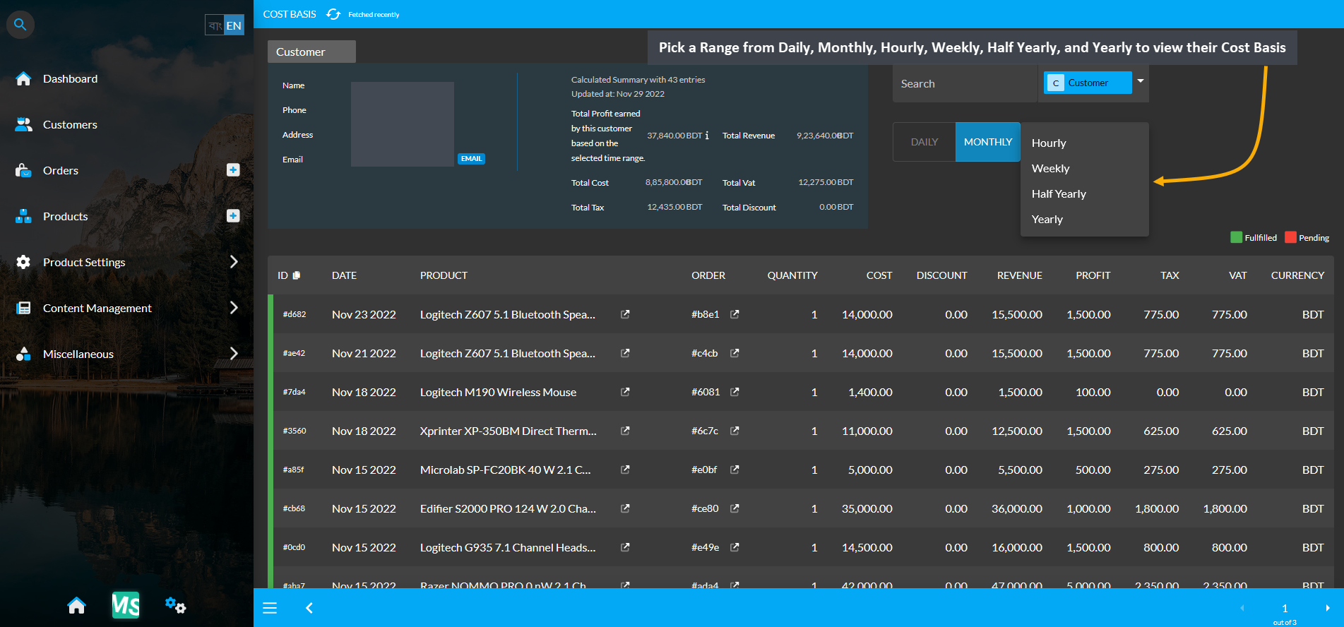 customer cost basis pick range, Pick a Range from Daily, Monthly, Hourly, Weekly, Half Yearly, or Yearly to view their Cost Basis.