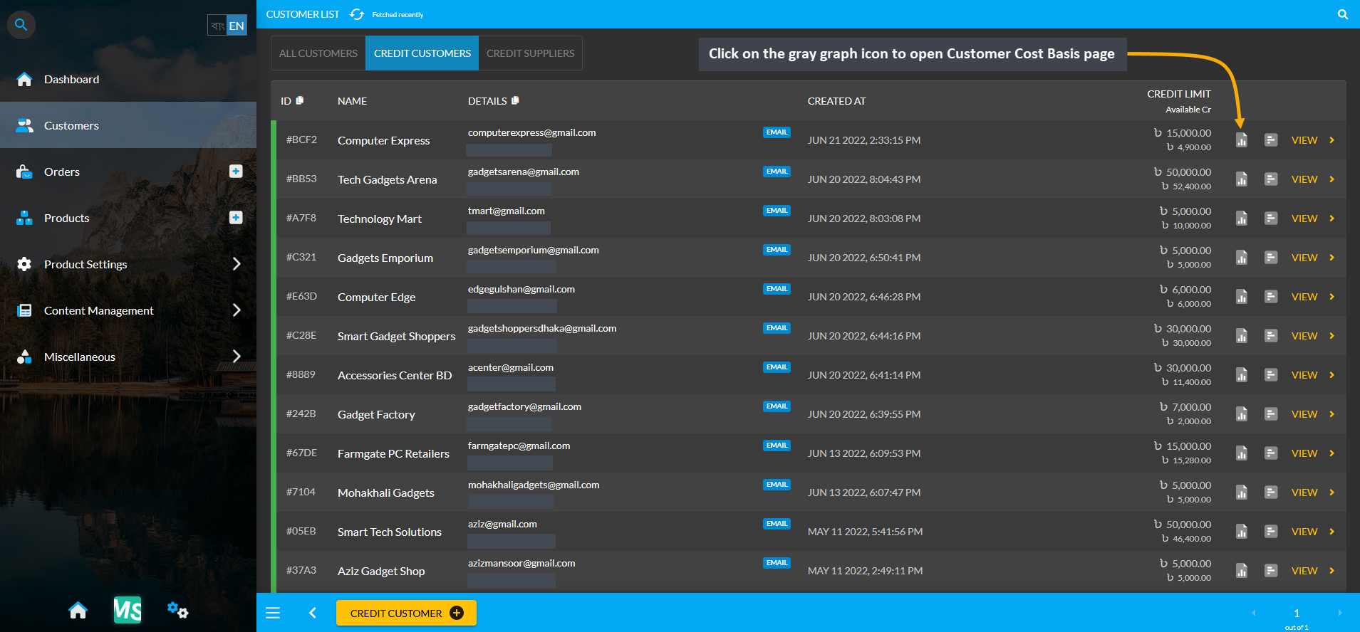 customer cost basis icon, Click on the gray graph icon to open Customer Cost Basis page.