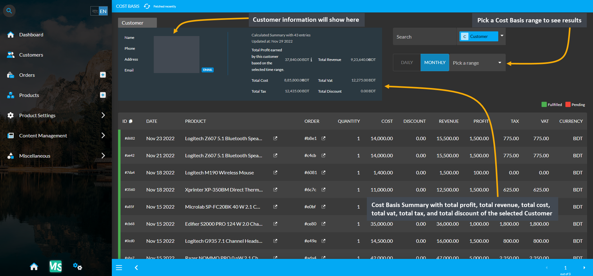 customer cost basis page, Customer information will show here, Pick a Cost Basis range to see results, Cost Basis Summary with total profit, total revenue, total cost, total vat, total tax, and total discount of the selected Customer.