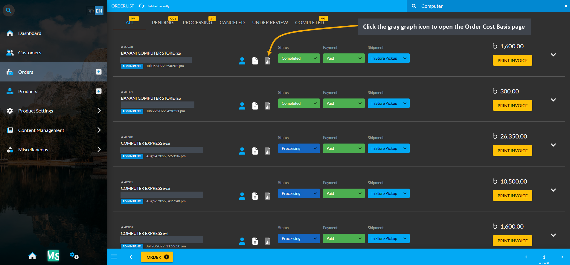 order cost basis page, Click the gray graph icon to open the Order Cost Basis page.