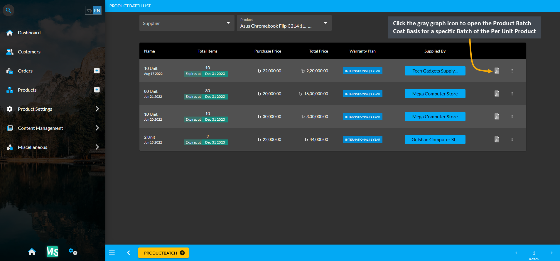 product batch cost basis list view, Click the gray graph icon to open the Product Batch Cost Basis for a specific Batch of the Per Unit Product.