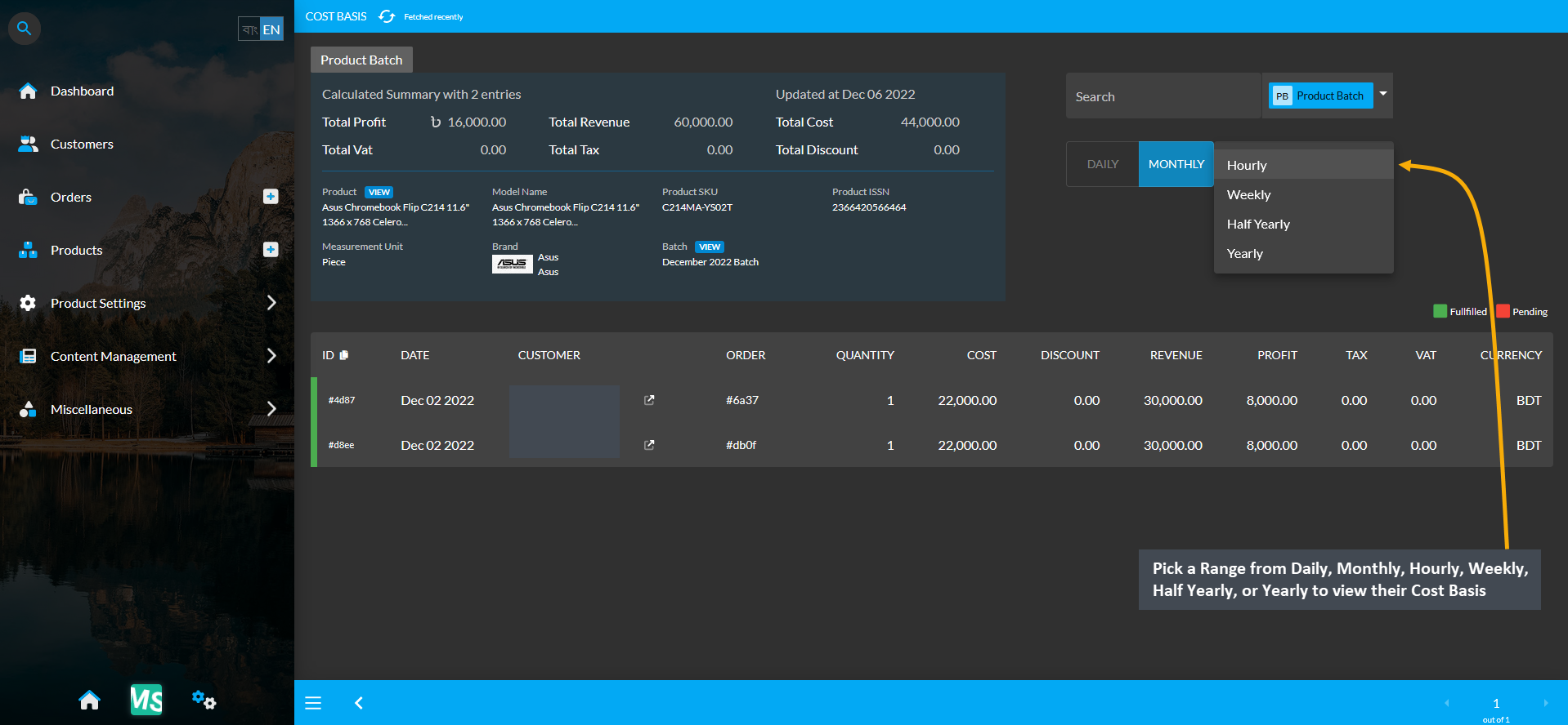product batch cost basis pick range, Pick a Range from Daily, Monthly, Hourly, Weekly, Half Yearly, or Yearly to view their Cost Basis.