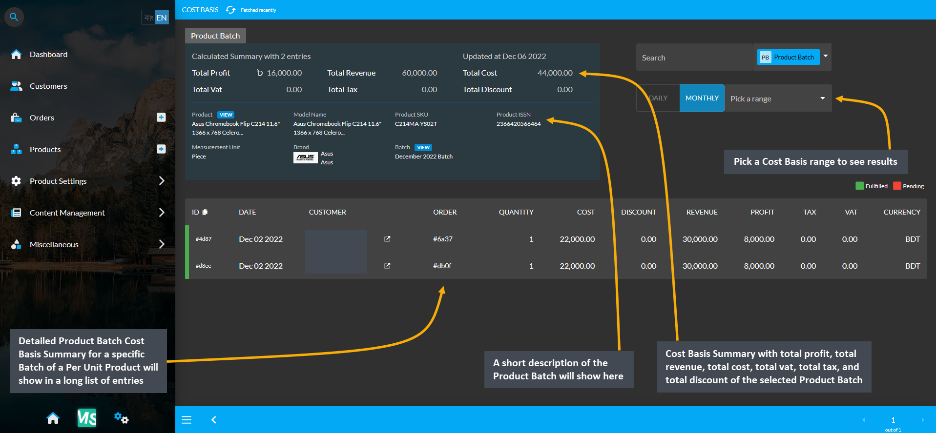 product batch cost basis summary, A short description of the Product Batch will show here, Pick a Cost Basis range to see results, Cost Basis Summary with total profit, total revenue, total cost, total vat, total tax, and total discount of the selected Product Batch, Detailed Product Batch Cost Basis Summary for a specific Batch of a Per Unit Product will show in a long list of entries.