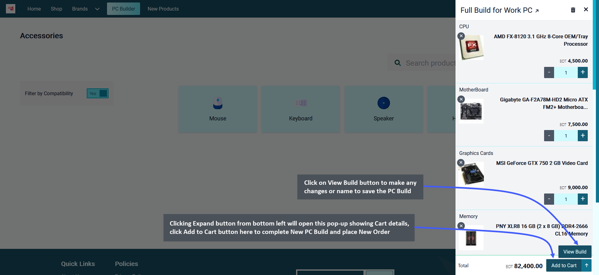 expand PC build cart, Clicking Expand button from bottom left will open this pop-up showing Cart details, click Add to Cart button here to complete New PC Build and place New Order, Click on View Build button to make any changes or name to save the PC Build