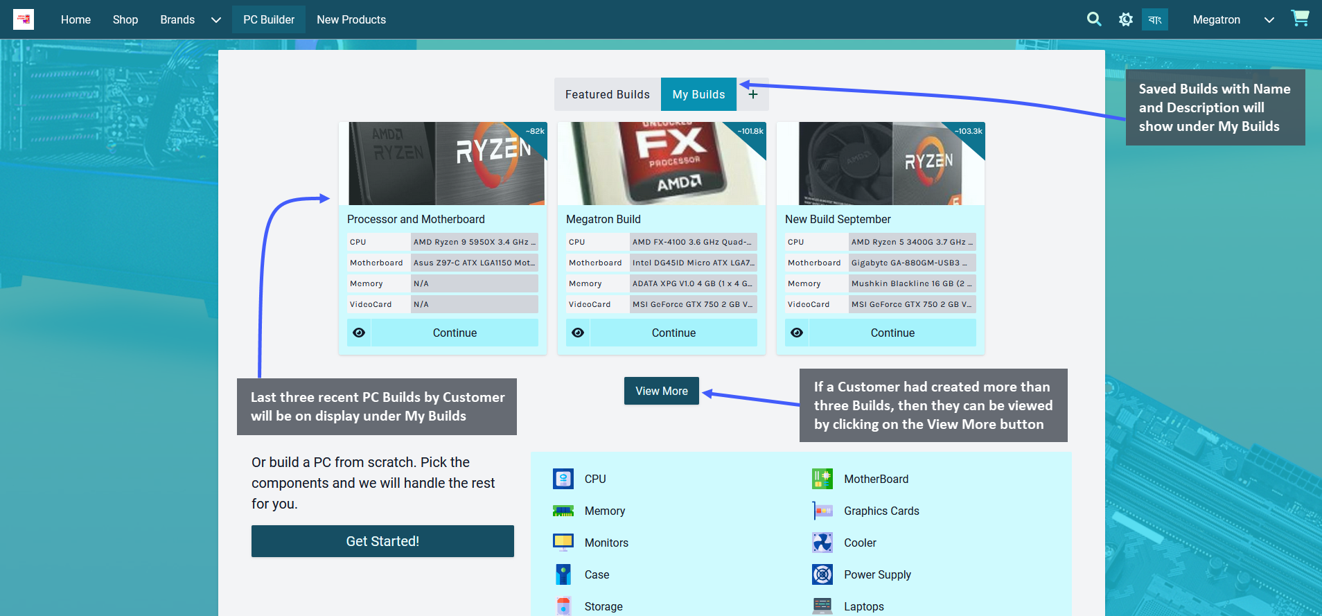 my Builds on website, Saved Builds with Name and Description will show under My Builds, Last three recent PC Builds by the Customer will be on display under My Builds
