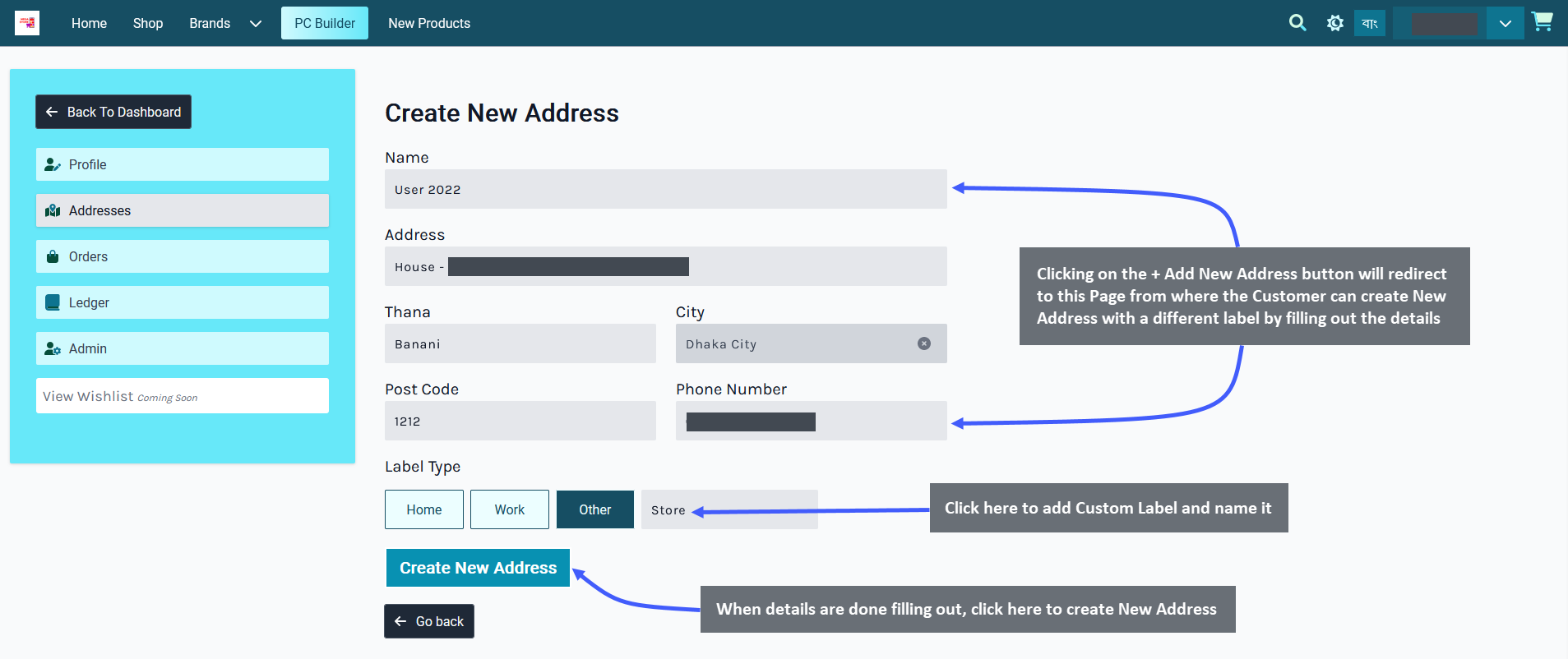 user create new address