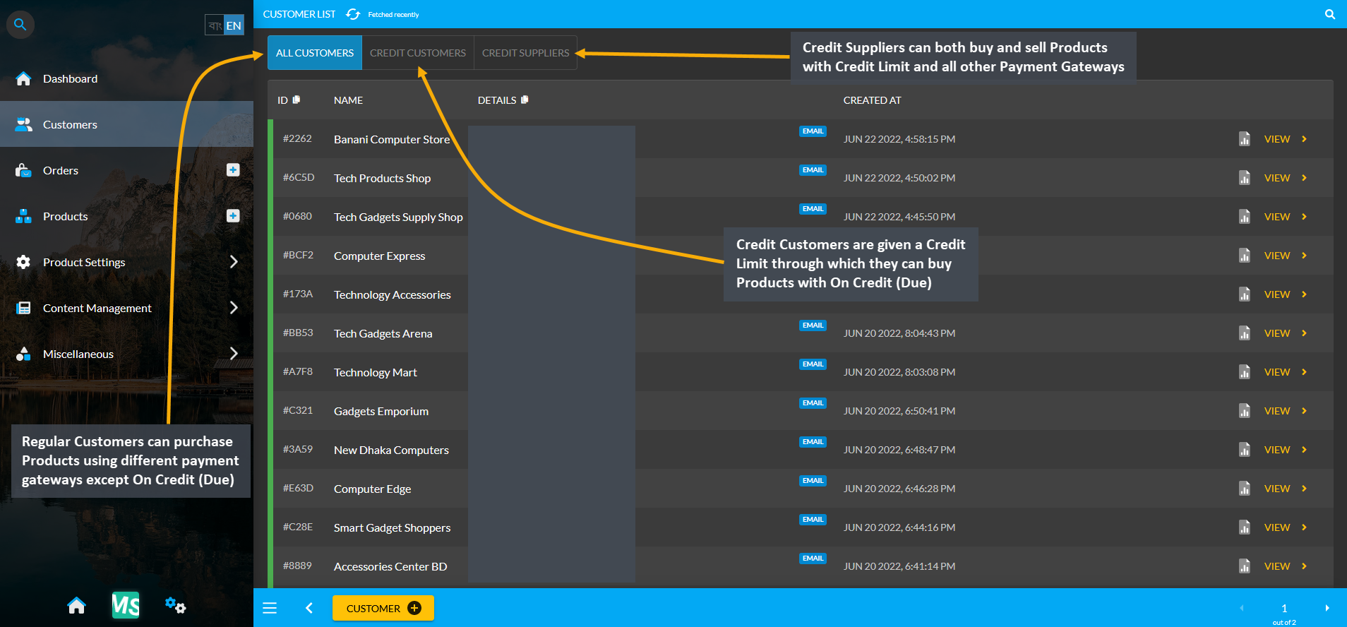 all customers list, Regular Customers can purchase Products using different payment gateways except On Credit (Due), Credit Customers are given a Credit Limit through which they can buy Products with On Credit (Due), Credit Suppliers can both buy and sell Products with Credit Limit and all other Payment Gateways.