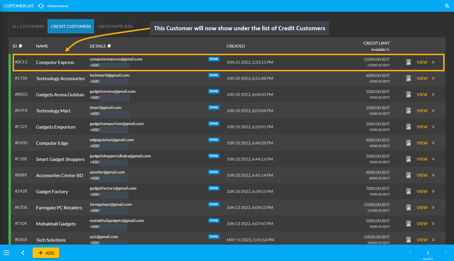 credit customers list, This Customer will now show under the list of Credit Customers.