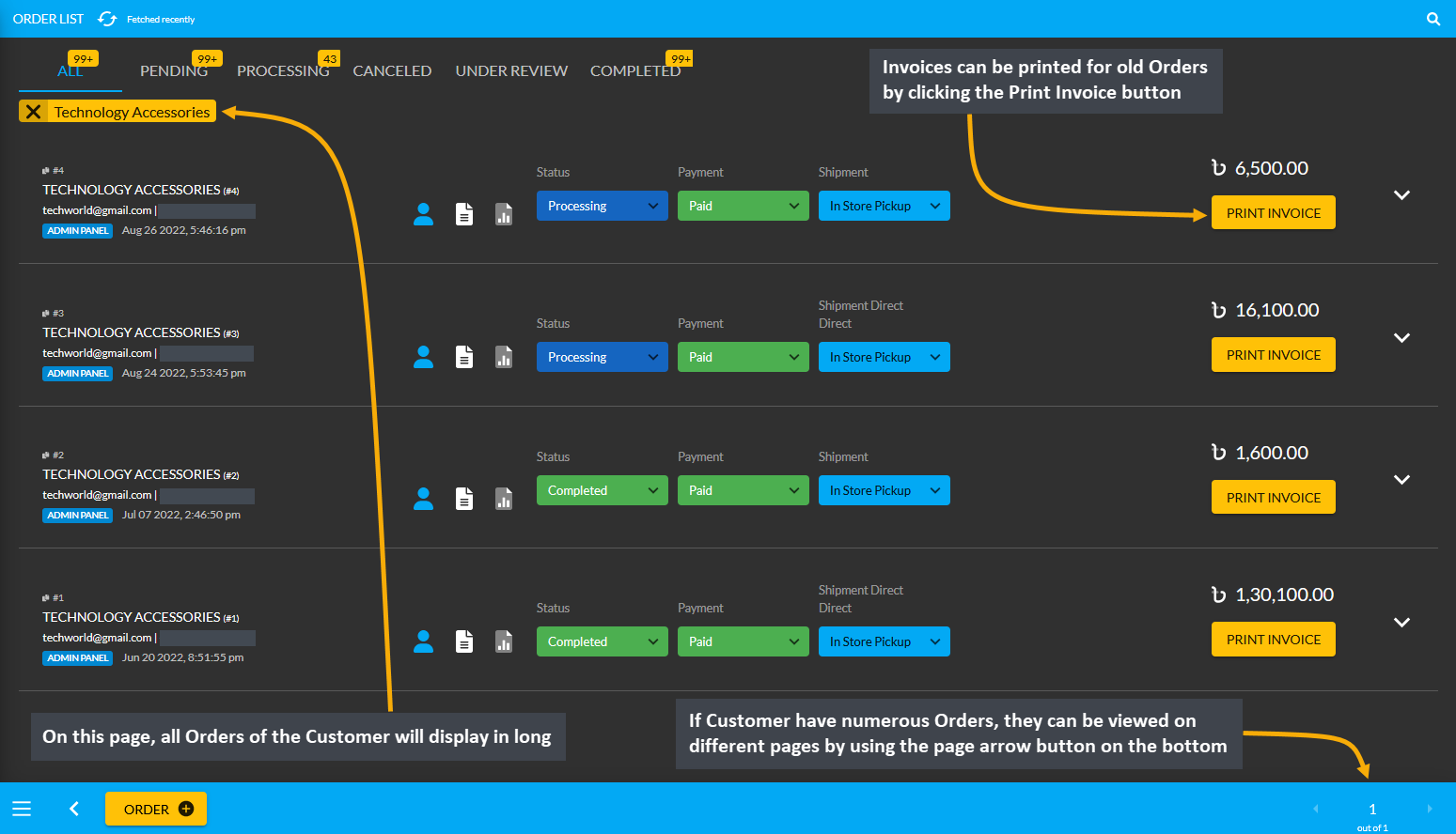 customer all orders page, On this page, all Orders of the Customer will display in long list. If Customer have numerous Orders, they can be viewed on different pages by using the page arrow button on the bottom. Invoices can be printed for old Orders by clicking the Print Invoice button.