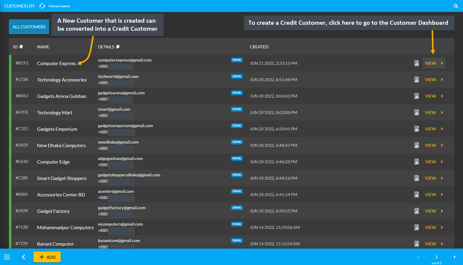 go to customer dashboard from customer list, A New Customer that is created can be converted into a Credit Customer, To create a Credit Customer, click here to go to the Customer Dashboard.