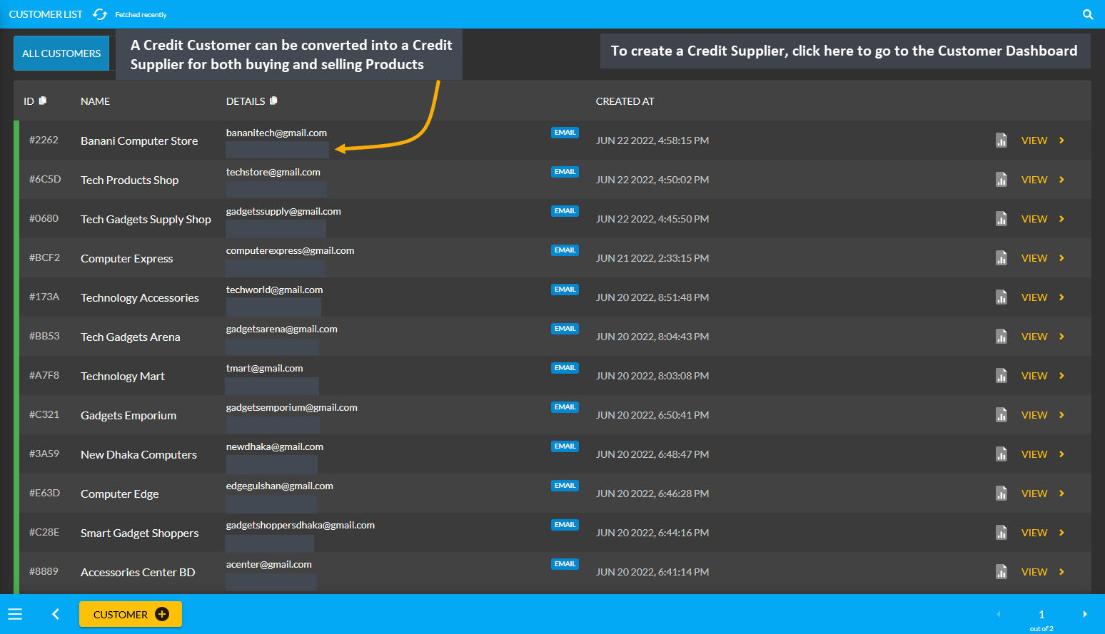 go to customer dashboard from customer list, A Credit Customer can be converted into a Credit Supplier for both buying and selling Products, To create a Credit Supplier, click here to go to the Customer Dashboard.