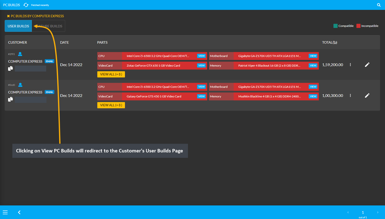 user PC Builds page, Clicking on View PC Builds will redirect to the Customer’s User Builds Page.