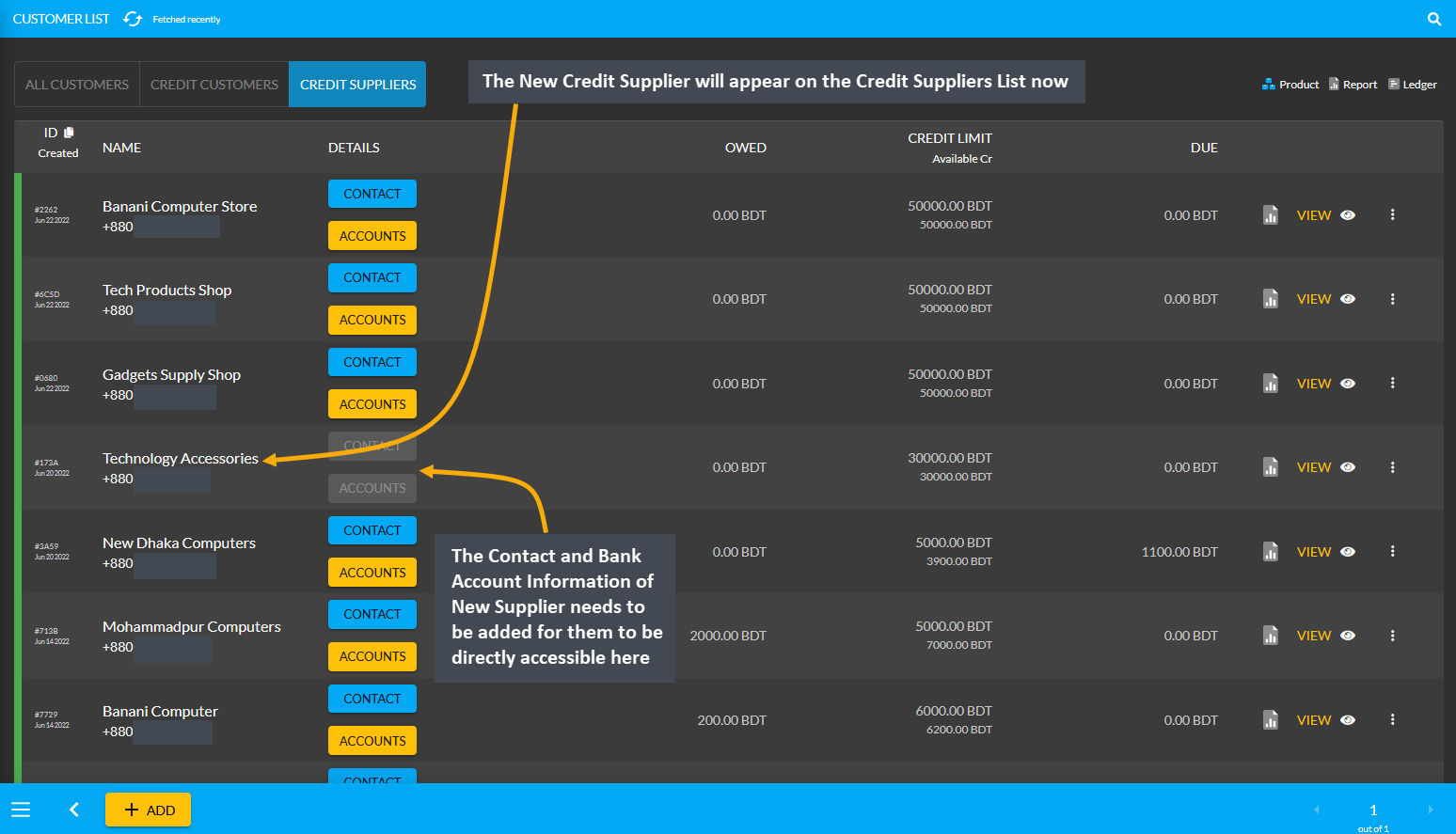 credit supplier created, The New Credit Supplier will appear on the Credit Suppliers List now, The Contact and Bank Account Information of New Supplier needs to be added for them to be directly accessible here.