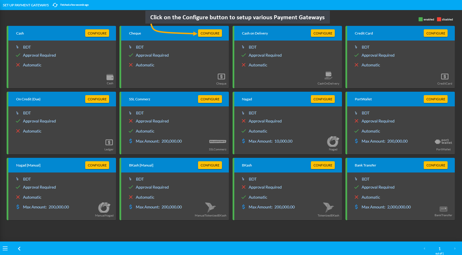 configure payment gateways main page, Click on the Configure button to setup various Payment Gateways