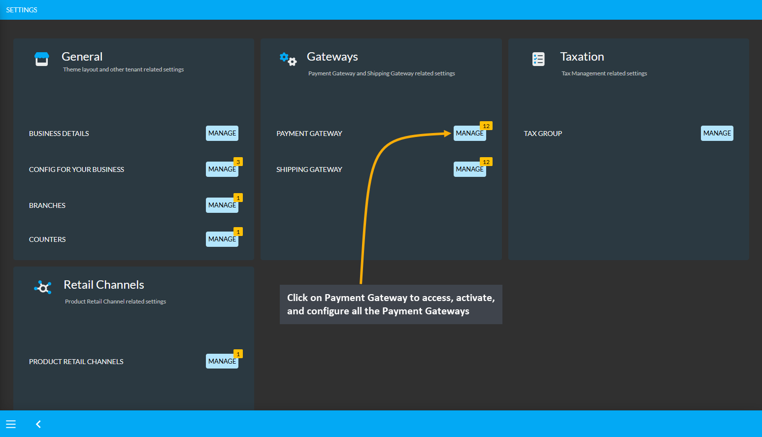 configure payment gateways main page, Click on Payment Gateway to access, activate, and configure all the Payment Gateways