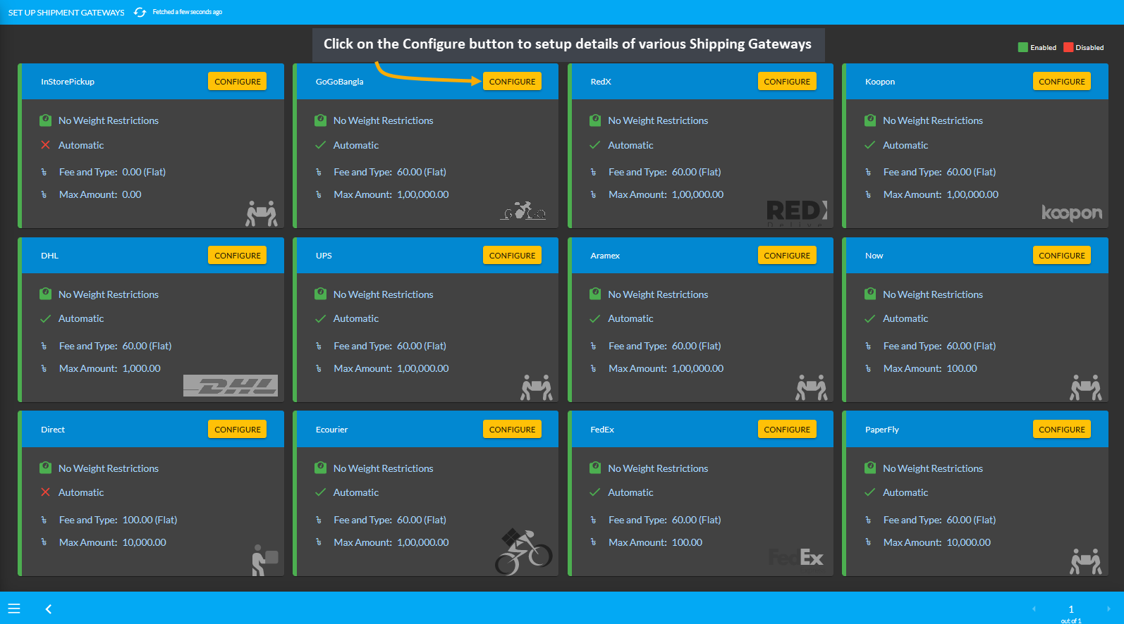 configure shipping gateways main page, Click on the Configure button to setup details of various Shipping Gateways