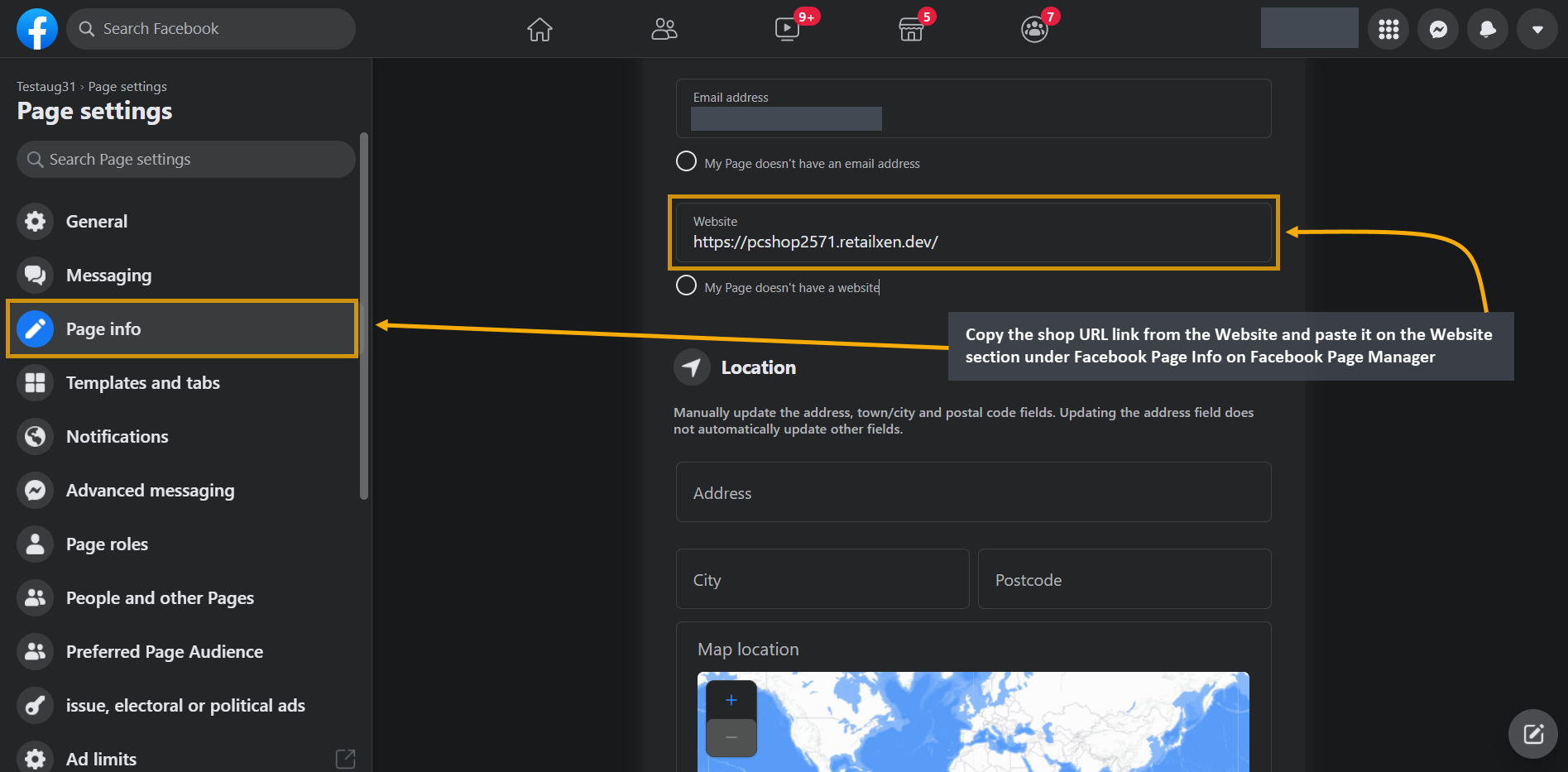 link shop with facebook page, Copy the shop URL link from the Website and paste it on the Website section under Facebook Page Info on Facebook Page Manager
