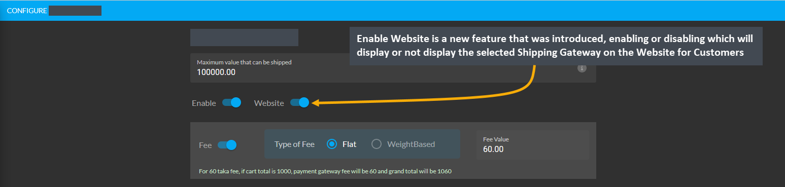 enable ecommerce shipping, Enable Website is a new feature that was introduced, enabling or disabling which will display or not display the selected Shipping Gateway on the Website for Customers.