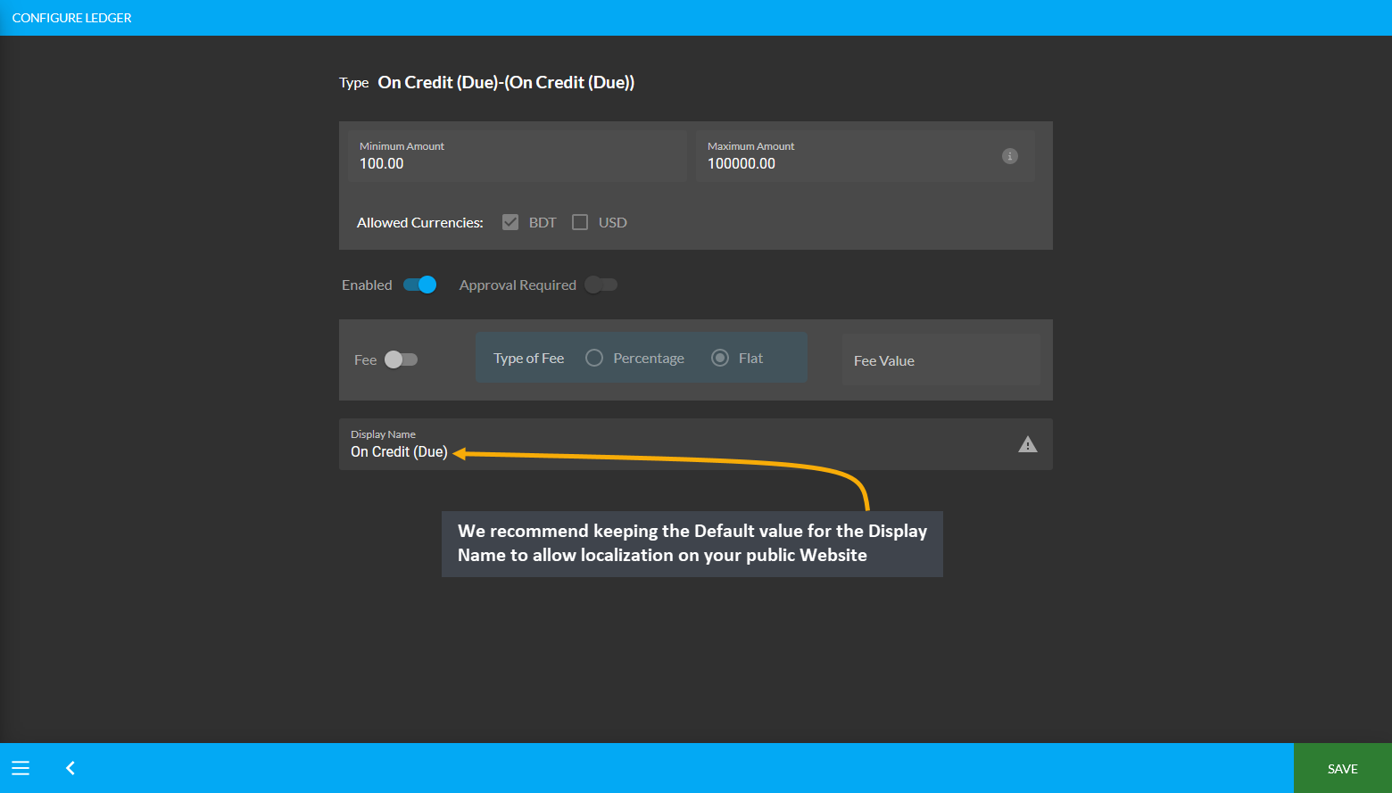 ledger display name, We recommend keeping the Default value for the Display Name to allow localization on your public Website.