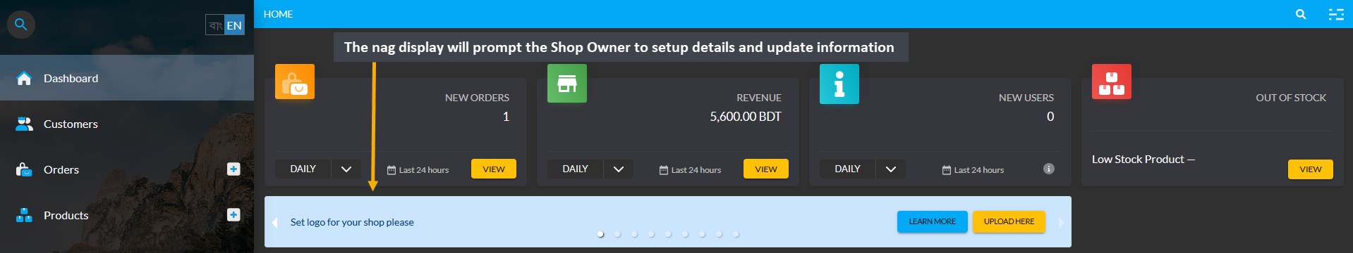 nag display, The nag display will prompt the Shop Owner to setup details and update information.