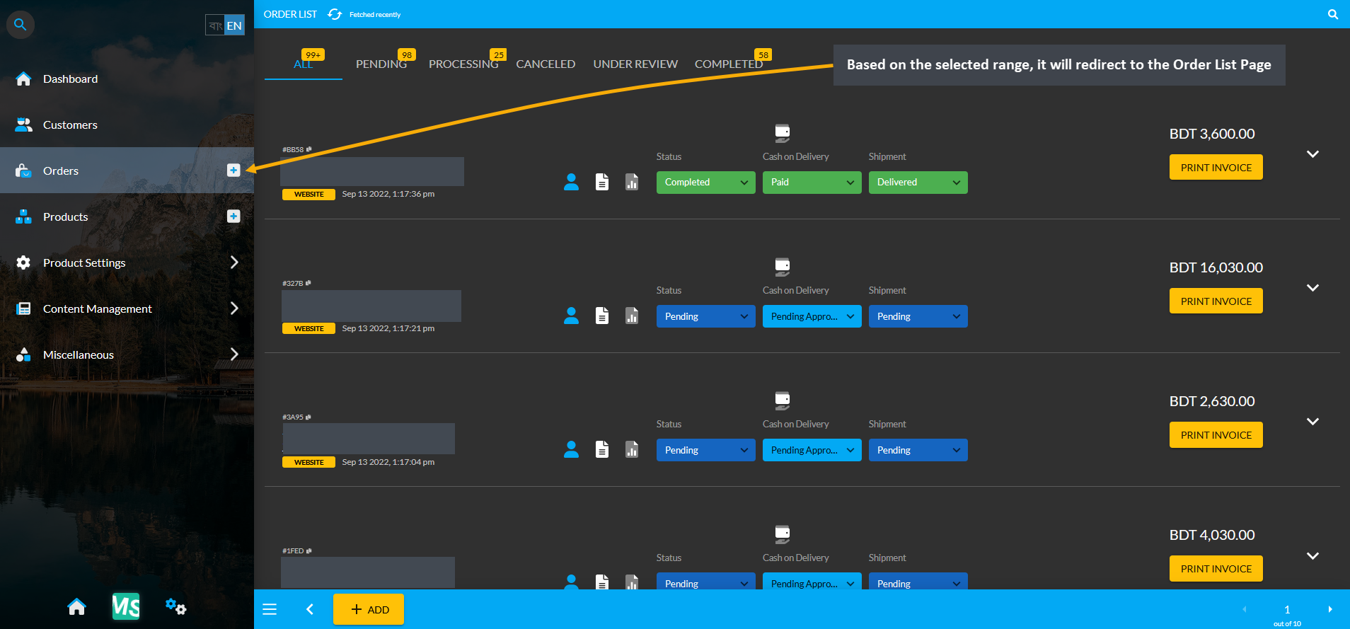 orders list, Based on the selected range, it will redirect to the Order List Page.