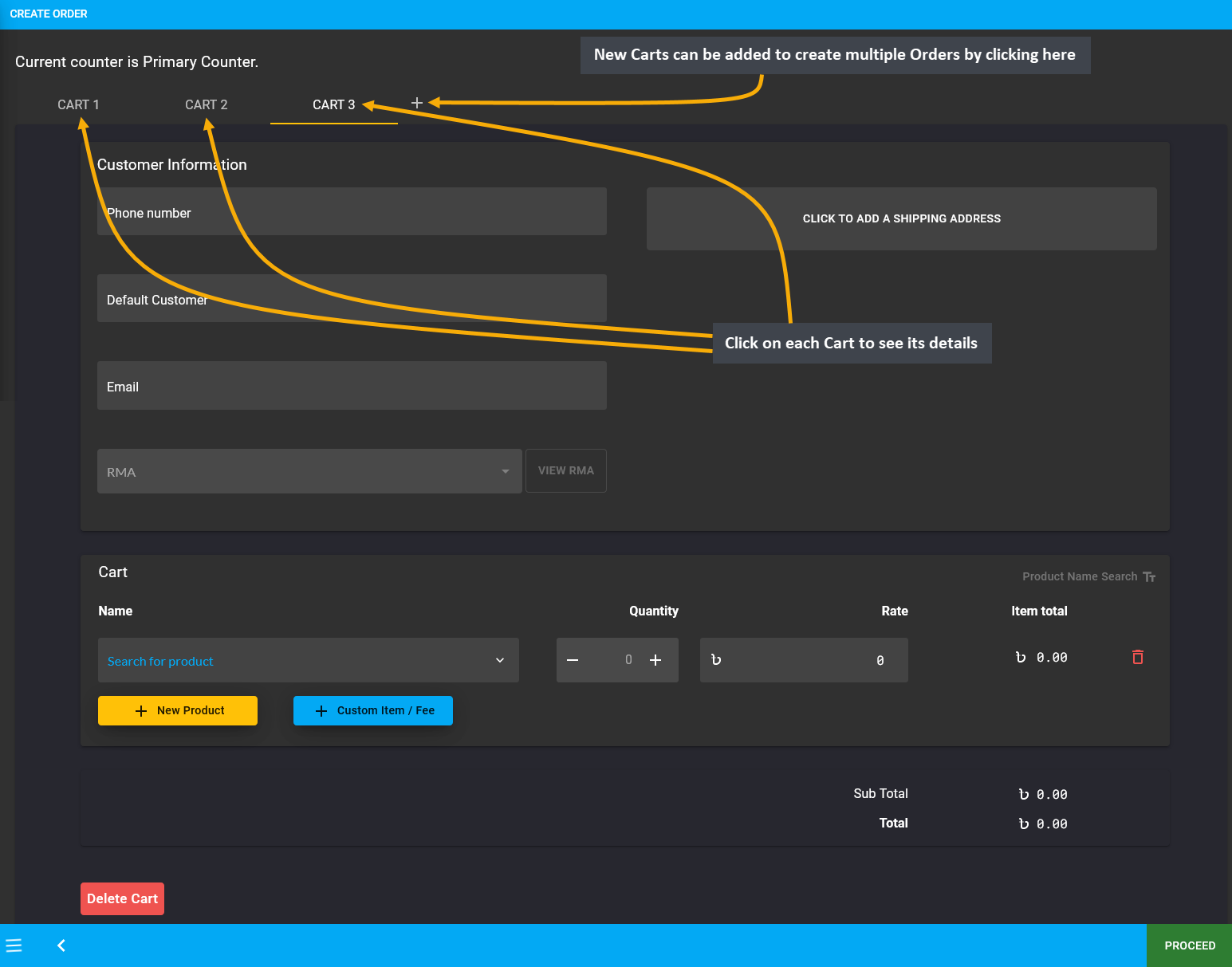 order cart view, New Carts can be added to create multiple Orders by clicking here, Click on each Cart to see its details.