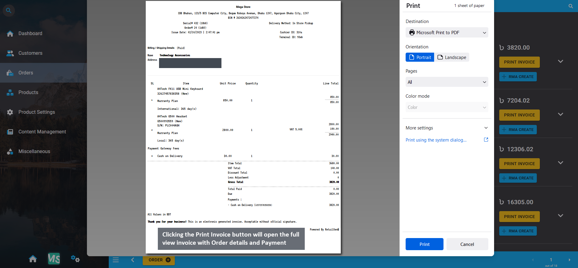 print invoice, Clicking the Print Invoice button will open the full view invoice with Order details and Payment information.