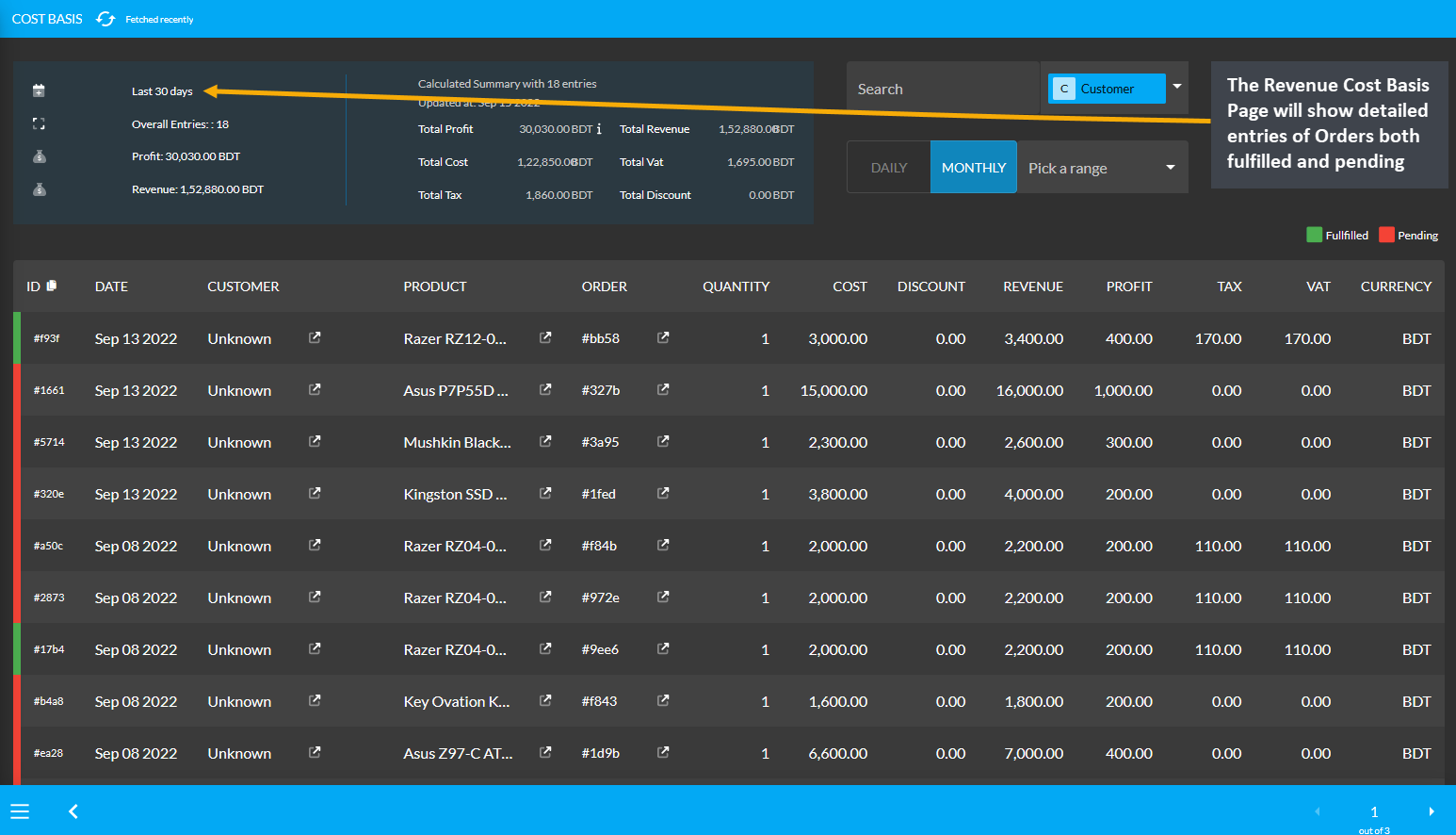 revenue cost basis, The Revenue Cost Basis Page will show detailed entries of Orders both fulfilled and pending.