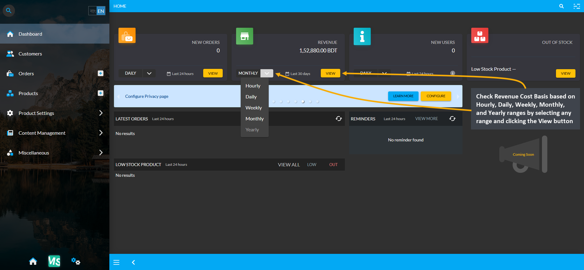 revenue main, Check Revenue Cost Basis based on Hourly, Daily, Weekly, Monthly, and Yearly ranges by selecting any range and clicking the View button.