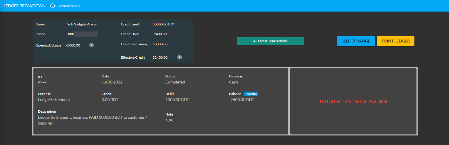 ledger breakdown updated with cheque payment