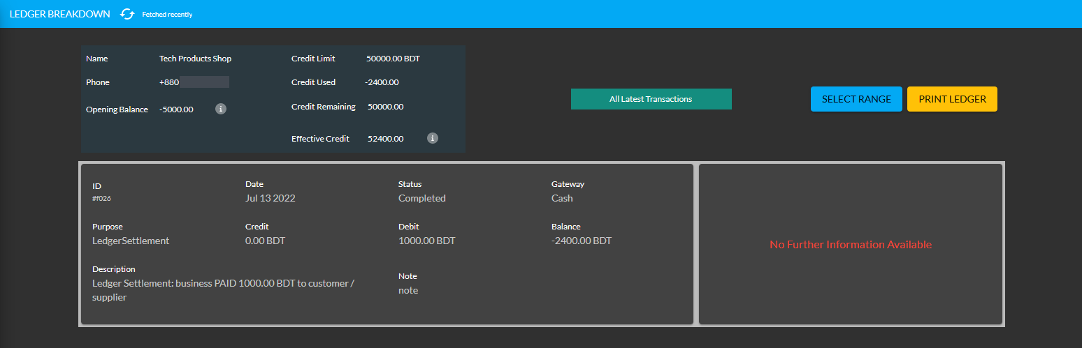 ledger breakdown updated with cheque payment