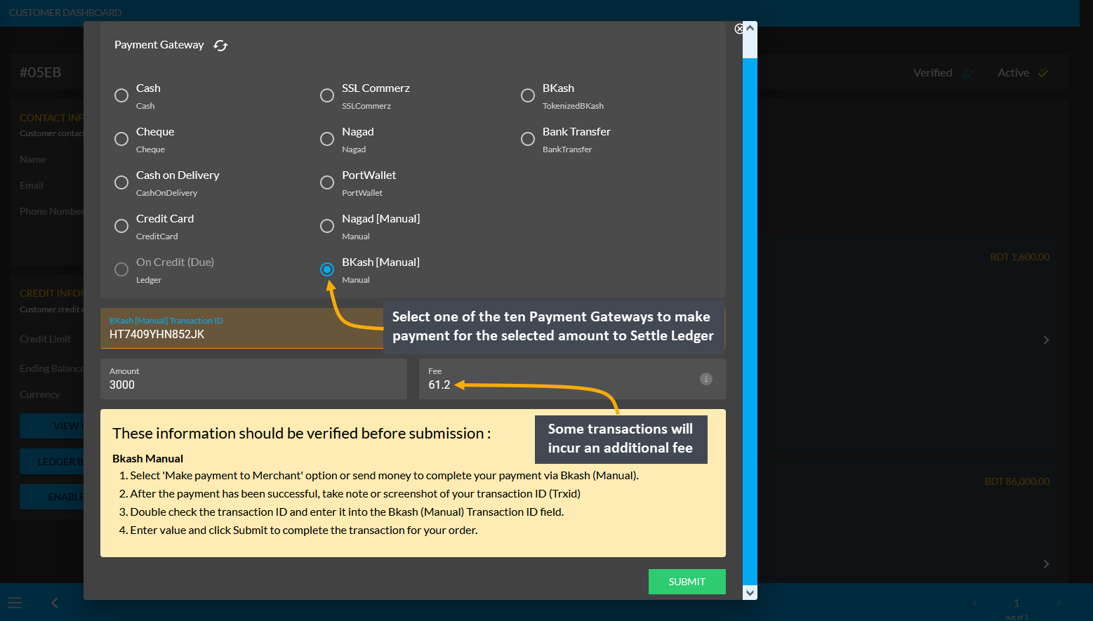 select BKash manual payment to settle ledger