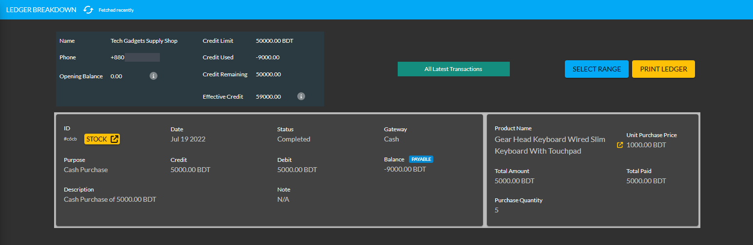 payable with full payment ledger breakdown