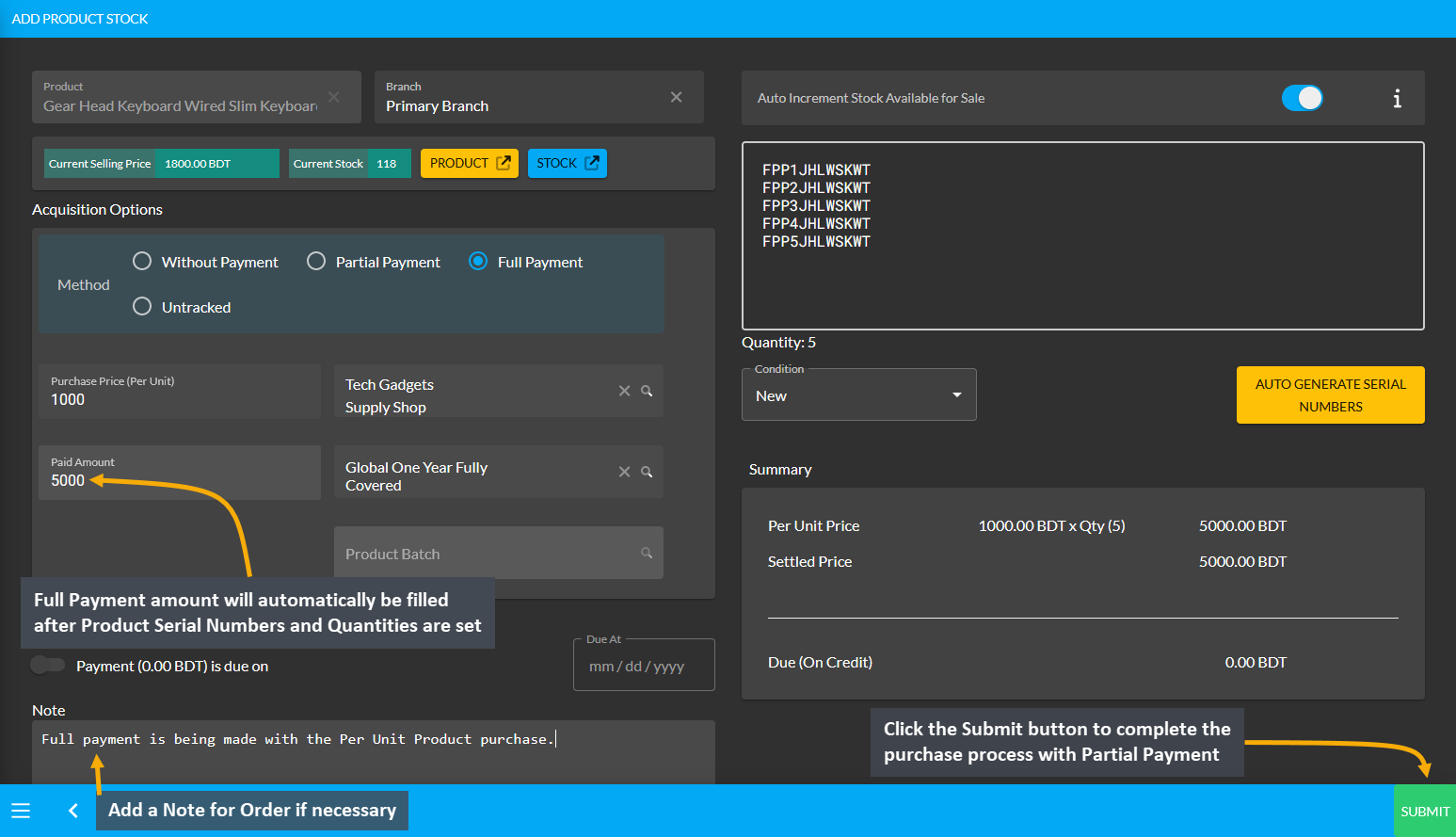 turn on payment due and set due date for per unit product