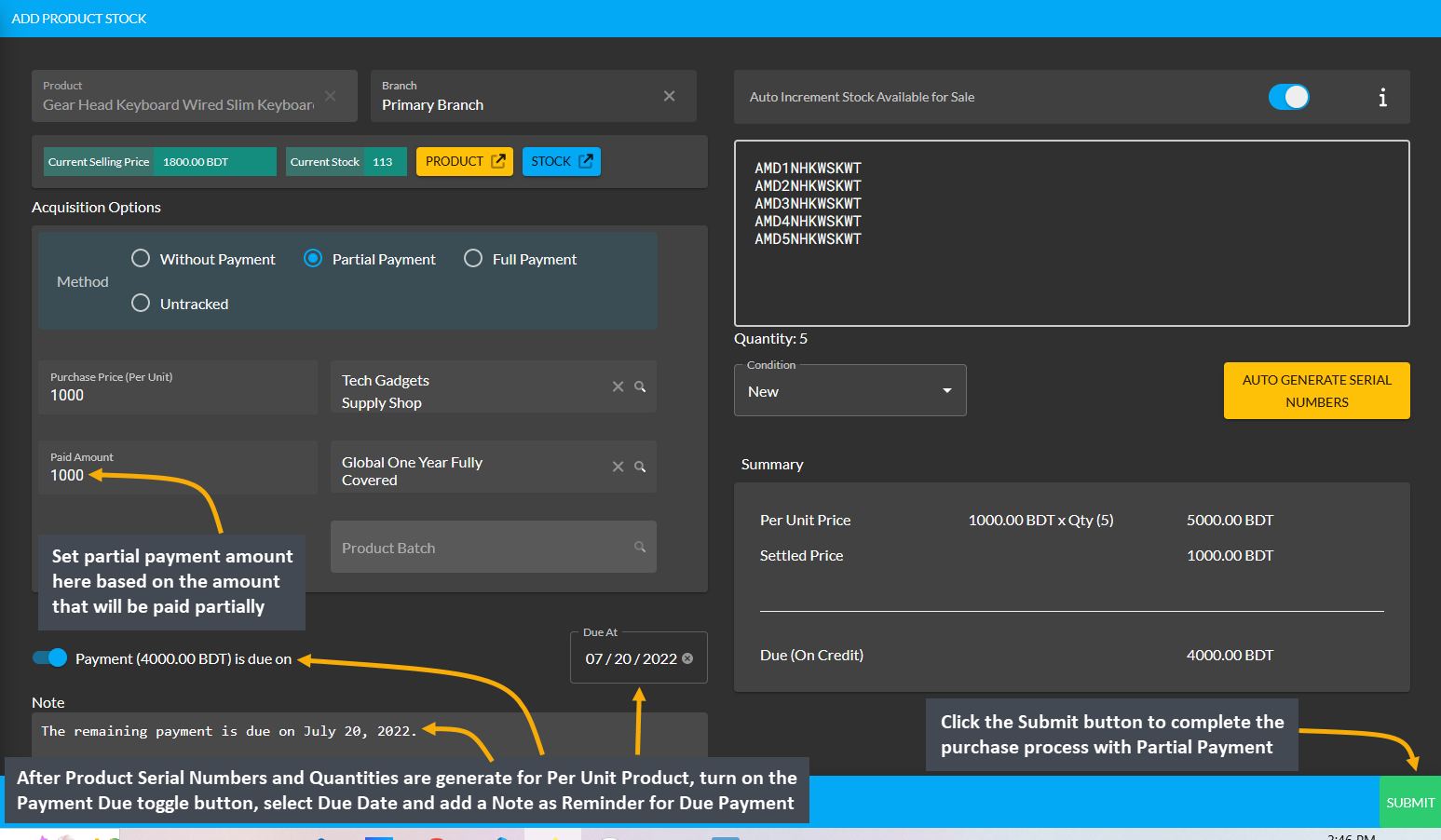 turn on payment due and set due date for per unit product