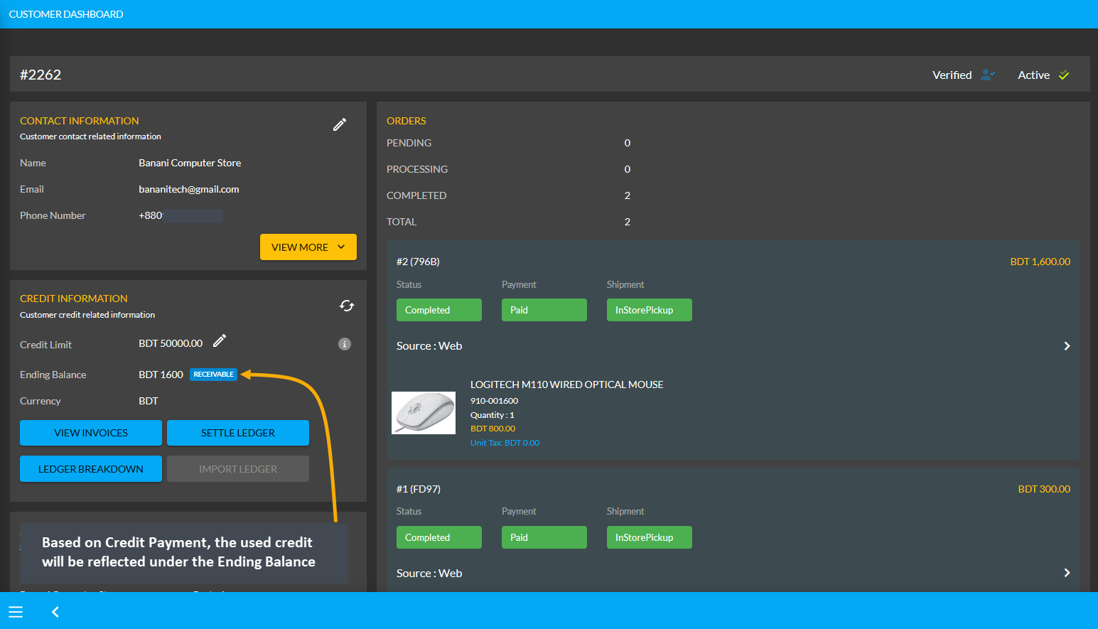 ledger credit used on dashboard