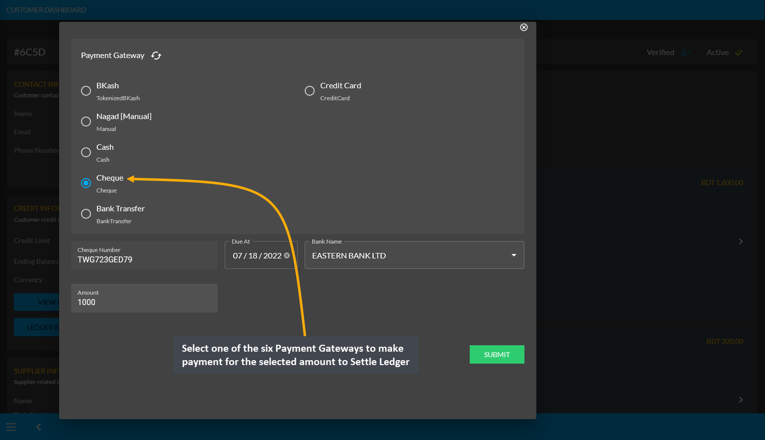 select cheque payment to settle ledger