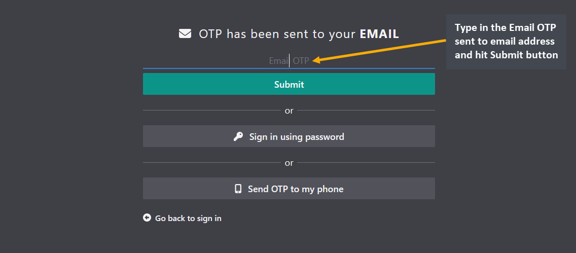 sign in with Email OTP, Type in the Email OTP sent to the email address and hit Submit button