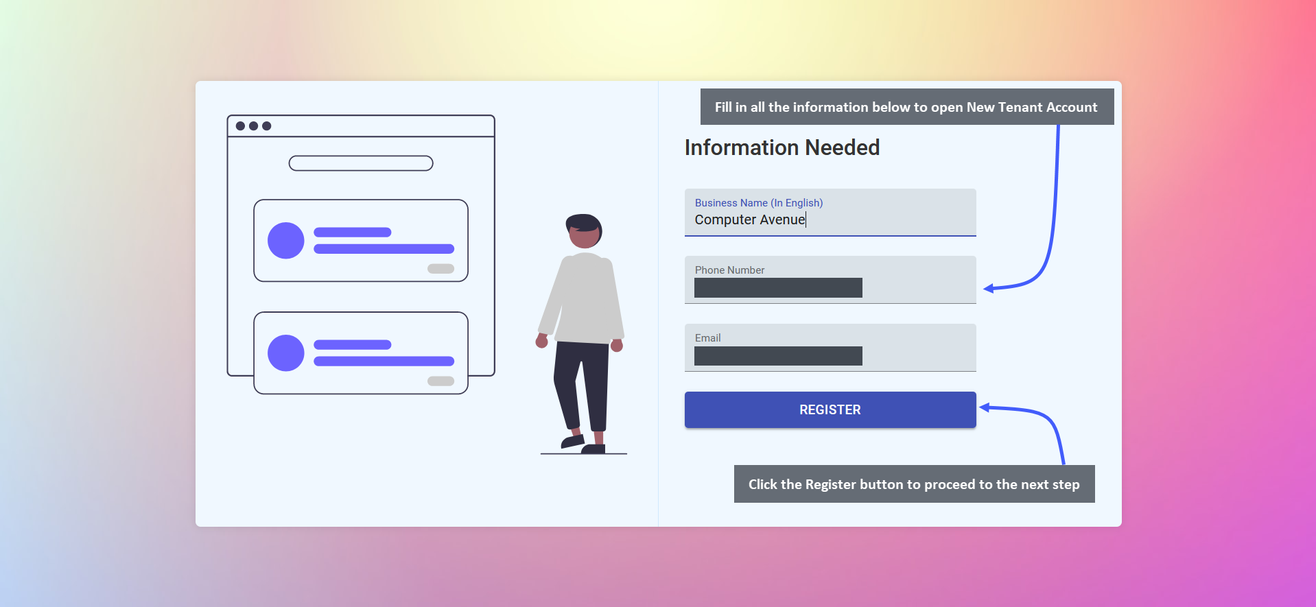 register information page, Fill in all the information below to open New Tenant Account, Click the Register button to proceed to the next step