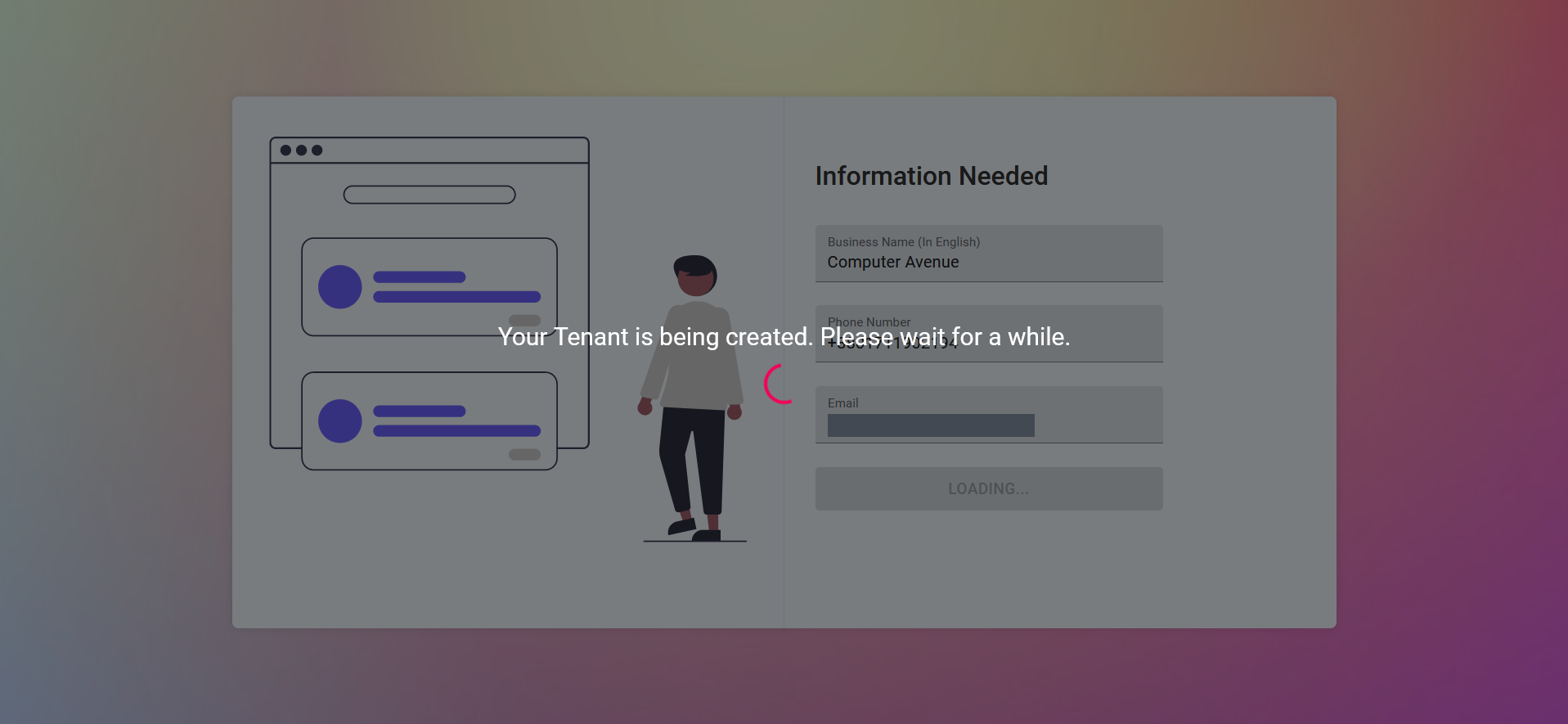 tenant being setup screen