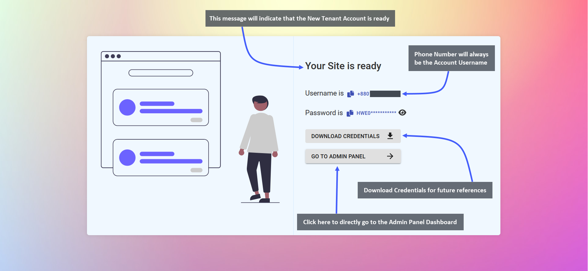 tenant ready page, This message will indicate that the New Tenant Account is ready, Phone Number will always be the Account Username, Download Credentials for future references, Click here to directly go to the Admin Panel Dashboard