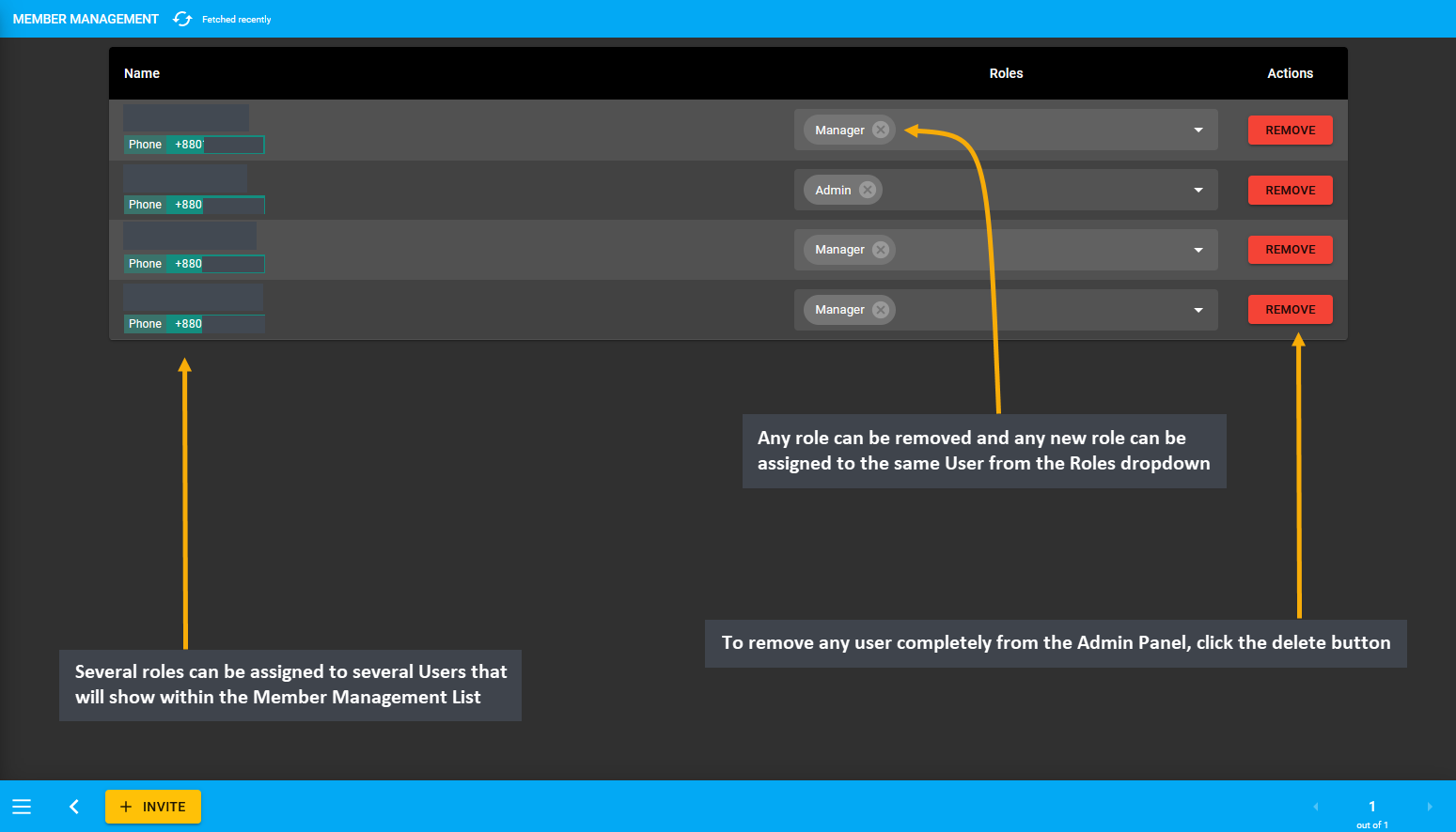 member management list, Several roles can be assigned to several Users that will show within the Member Management List, Any role can be removed and any new role can be assigned to the same User from the Roles dropdown, To remove any user completely from the Admin Panel, click the delete button.