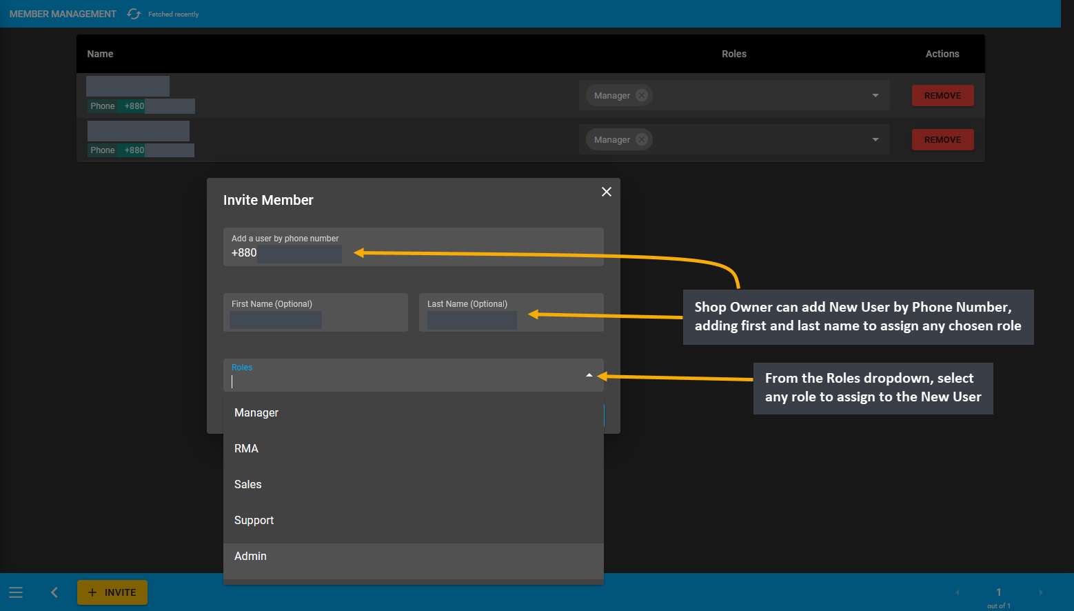 member invite pop-up, Shop Owner can add New User by Phone Number, adding first and last name to assign any chosen role, From the Roles dropdown, select any role to assign to the New User.