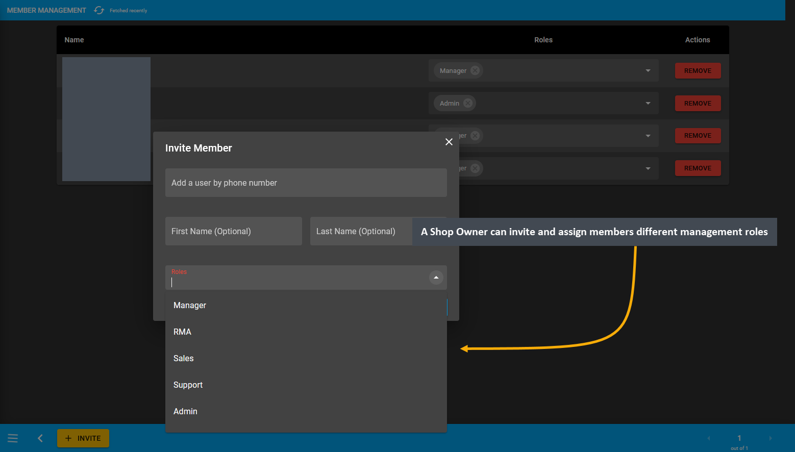 member management roles, A Shop Owner can invite and assign members different management roles.