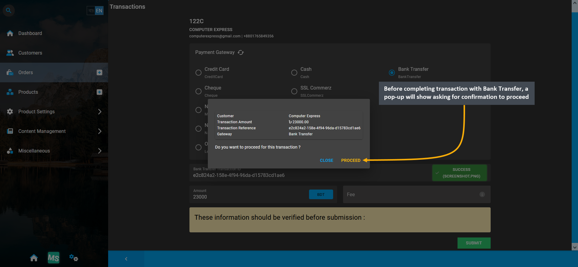 bank transfer payment confirmation, Before completing transaction with Bank Transfer, a pop-up will show asking for confirmation to proceed.