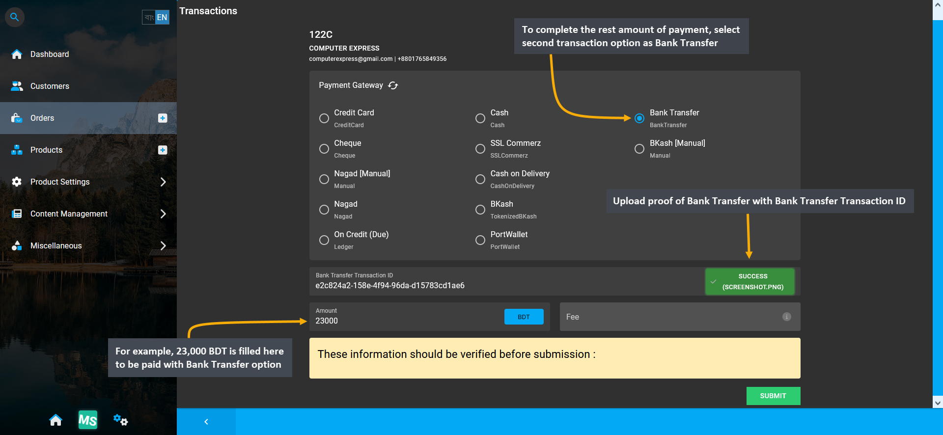 bank transfer payment, To complete the rest amount of payment, select second transaction option as Bank Transfer, For example, 23,000 BDT is filled here to be paid with Bank Transfer option, Upload proof of Bank Transfer with Bank Transfer Transaction ID.