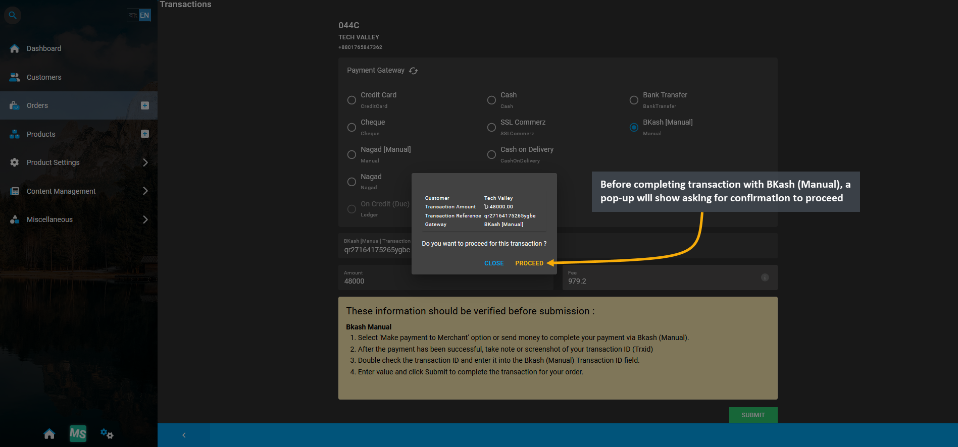 BKash (Manual) payment confirmation modal, Before completing transaction with BKash (Manual), a pop-up will show asking for confirmation to proceed.